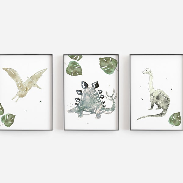 Dinos set / Foliage  / 3 illustrations / Pterodactyle - Stegosaure - Bronchiosaure / children's room decor