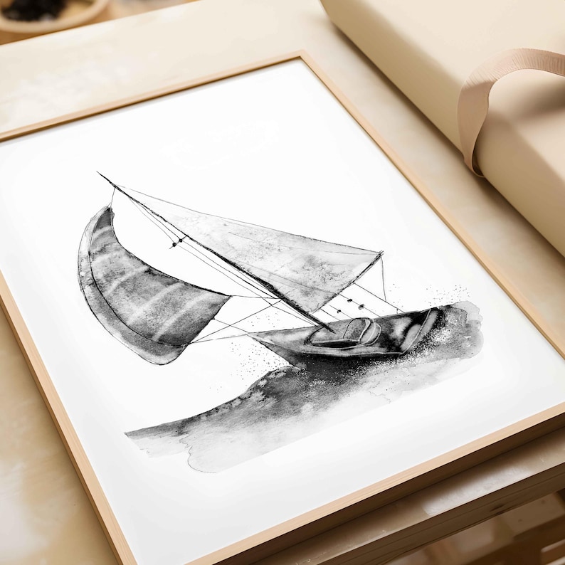 May include: A black and white watercolor illustration of a sailboat with its sail billowing in the wind. The sailboat is depicted in a stylized manner, with the waves and water rendered in a loose and expressive style.