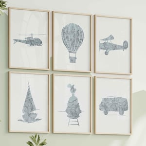 Ensemble 6 affiches transports bleus vintage | Art mural rétro, voyage, aventure | Déco chambre bébé, enfant | Carte du monde ancienne