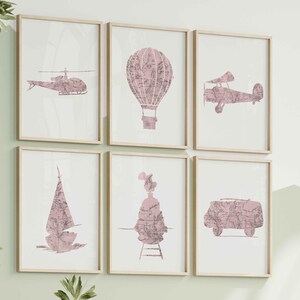 Ensemble 6 affiches transport rose | Art mural vintage, voyage, aventure | Déco chambre bébé, enfant | Carte du monde ancienne