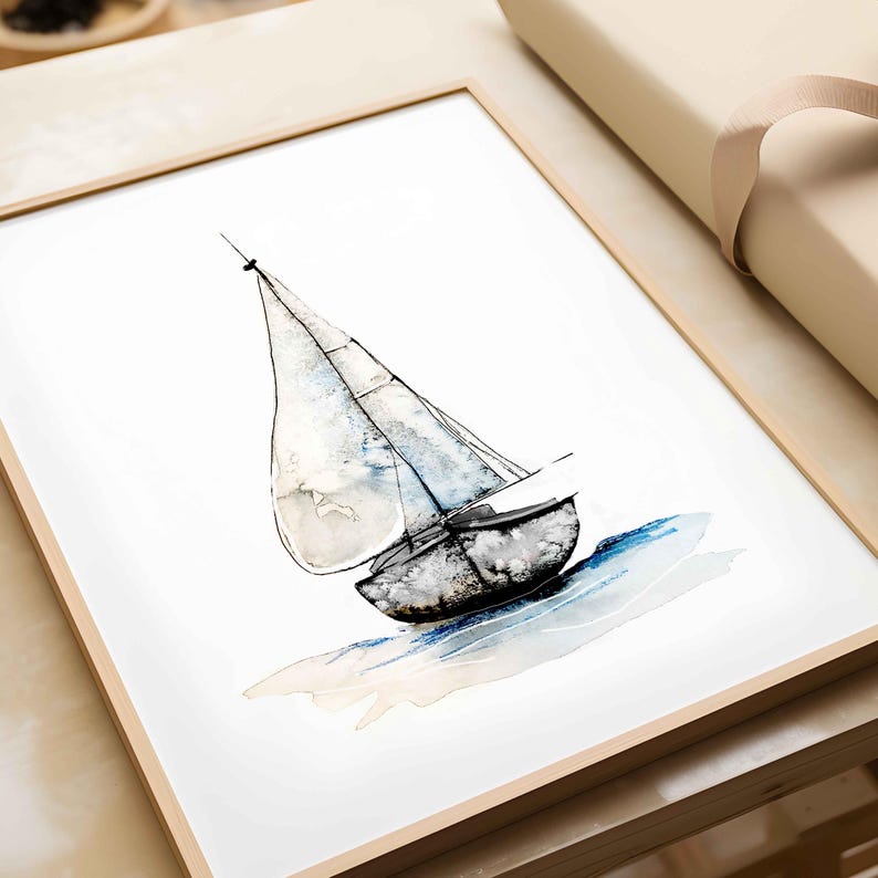 May include: A watercolor painting of a sailboat with a white sail and a dark blue hull, sailing on a light blue and white watercolor background.