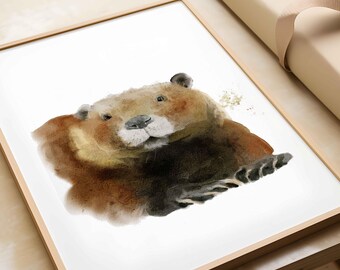 Beaver watercolor print | woodland animal nursery wall art | kids or baby room decor | soft canadian wildlife art | digital download