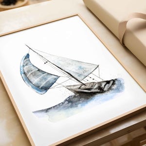 May include: A watercolor painting of a sailboat with a blue and white sail, sailing on a blue and white sea.