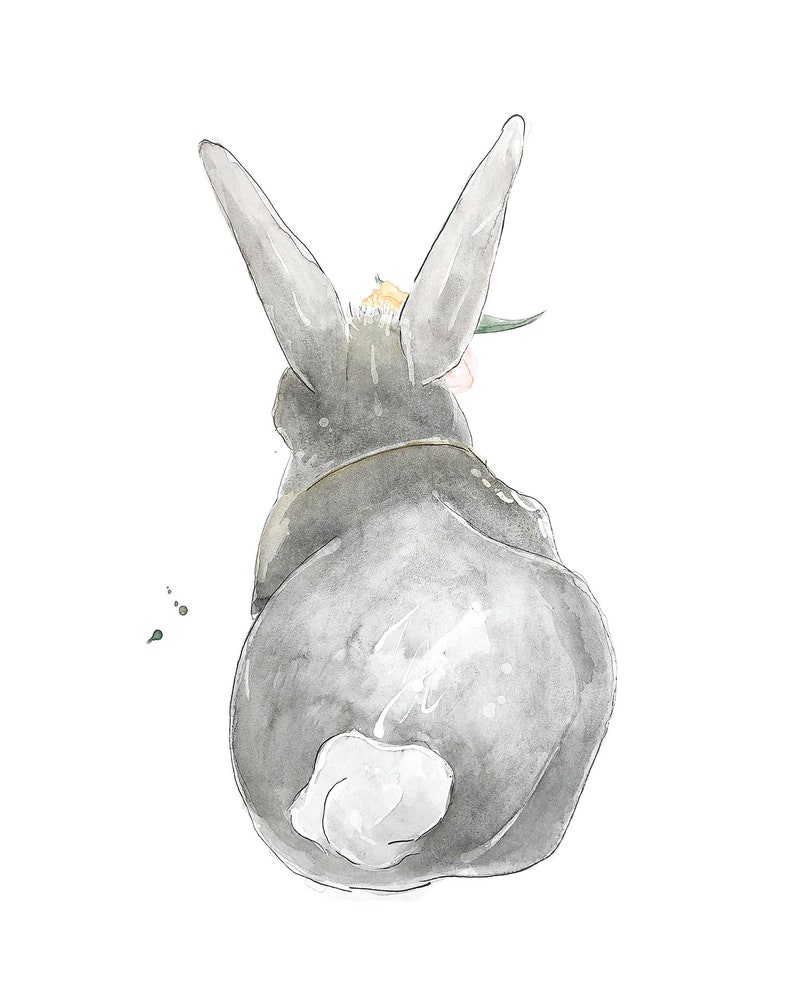 Cartel de conejo desde atrás / flores / animal / acuarela / hecho a mano / hecho en Quebec / arte / estilo minimalista / Cynthia Paquette imagen 3