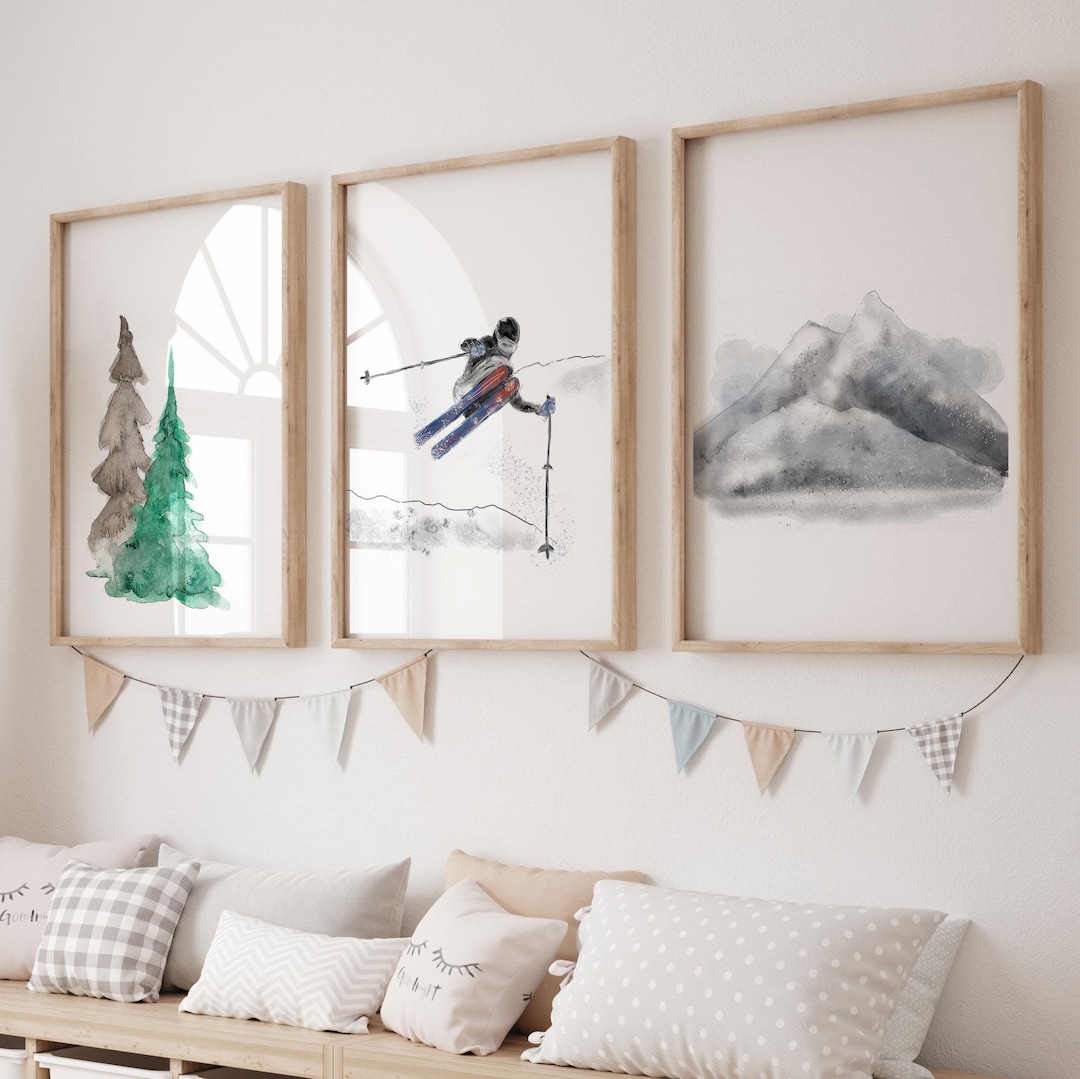 Set of 3 Skiing Prints | Chalet Wall Art | Snowy Mountains, Pine Trees ...