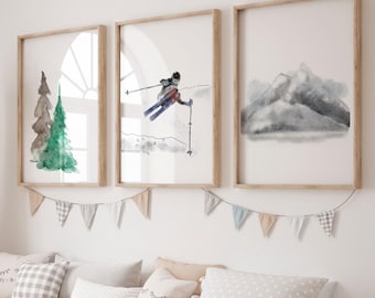 Set of 3 skiing prints  | Chalet wall art | snowy mountains, pine trees | kids ski art | kids skiing print | Scandinavian winter decor