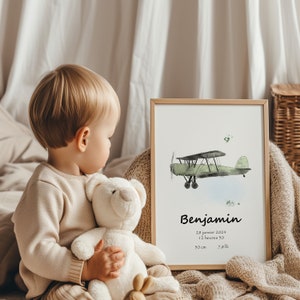 Affiche de naissance personnalisée avion vintage  – Souvenir bébé avec prénom, date, poids – Déco chambre nouveau-né – Cadeau naissance