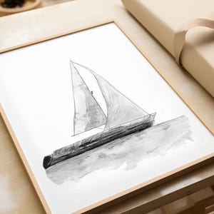 May include: A black and white watercolor illustration of a sailboat with a single sail, sailing on the water. The sailboat is drawn in a simple, minimalist style.