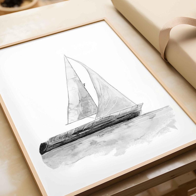 May include: A black and white watercolor illustration of a sailboat with a single sail, sailing on the water. The sailboat is drawn in a simple, minimalist style.