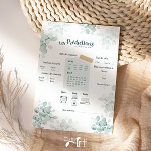 Cartons prédictions naissance de bébé eucalyptus / papeterie grossesse et naissance en français / fête prénatale / jeux pour shower de bébé