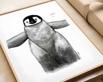 Penguin watercolor print | Polar animal nursery wall art for baby boy or girl | Winter nursery decor art print