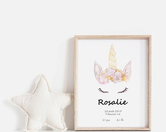 Birth Poster / Baby Gift / Baby Decoration / Baby Room / Cynthia Paquette / unicorn Poster / Watercolor unicorn