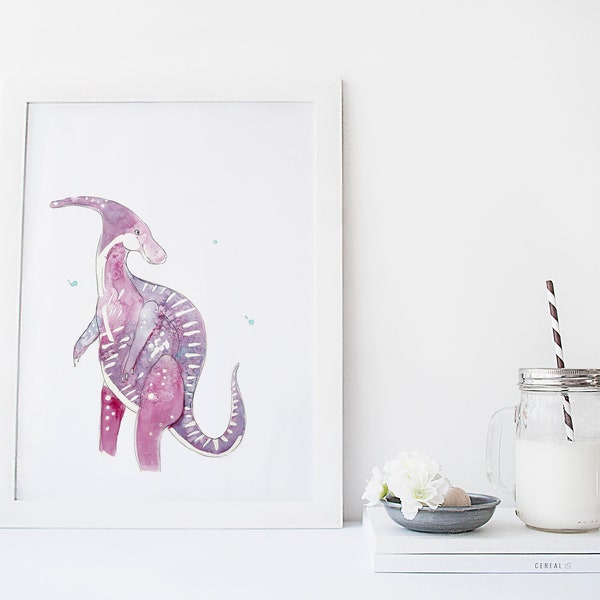 Dinosaur poster / dino/ Parasaurolophus / watercolor / made in Quebec / art / minimalist style / Cynthia Paquette