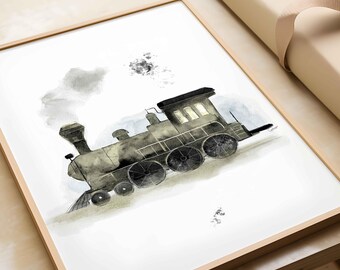 Vintage green steam train digital print | Retro watercolor wall art | Boy nursery decor | Kids room printable | Instant download