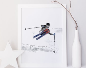 Alpine skiing illustration - Skier wall art - Mogul skiing - Children's room decoration - Outdoor, nature and sports games room