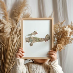 Affiche biplan vintage DH4 motif de carte du monde ancienne | Art mural rétro pour chambre de bébé -enfant | Illustration aviation et voyage