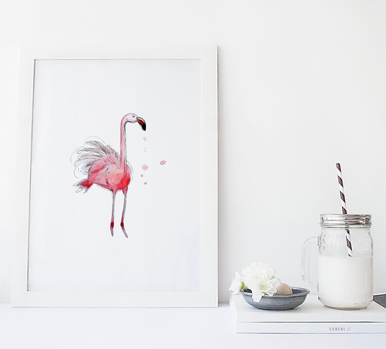 Pink flamingo print / art / watercolor / reproduction / done in Quebec / minimalist style / Cynthia Paquette image 1