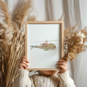 Affiche hélicoptère vintage avec carte du monde ancienne | Décoration murale chambre de bébé, enfant | Aventure exploration | choix couleur