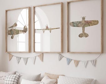 set of 3 vintage airplane prints | old world map background | nursery and kids room decor | aviation & adventure theme | digital download