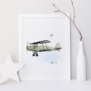 Vintage Biplane Side View Print | Retro Wall Art for Kids' Room | Nostalgic Aviation Decor and Classic Airplane Illustration