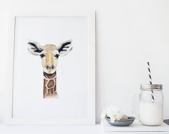 Giraffe poster / animal / baby animal / watercolor / savannah / handmade / made in Quebec / art / minimalist style / Cynthia Paquette