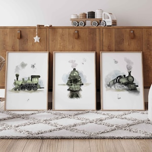 Conjunto de 3 carteles vintage de trenes de vapor con acuarela, colores a elegir, decoración de pared para habitación de bebés y niños, arte de pared retro.