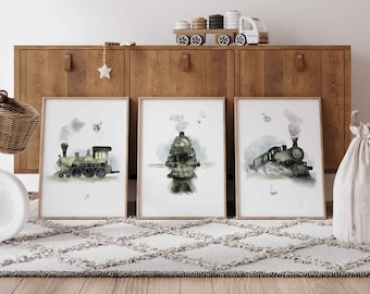 Set of 3 Vintage authentical steam train watercolor prints / Baby and Children&#39;s Room Wall Decor / Retro Wall Art /  Steam engine posters