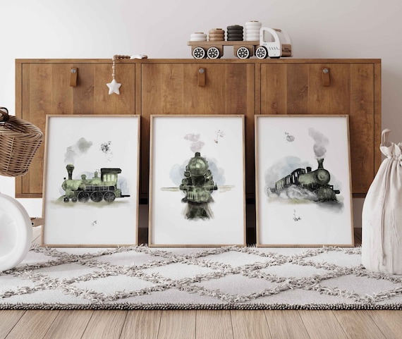 Ensemble de 3 affiches train vapeur vintage aquarelle / choix de couleurs/ décoration murale chambre de bébés et d'enfants / art mural rétro