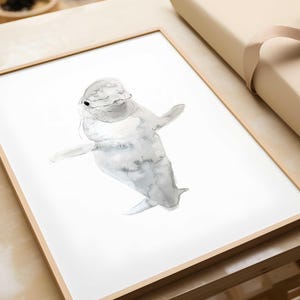 Pôster beluga em aquarela | Ilustração marinha suave para quarto infantil | Arte de parede inspirada nos oceanos e na vida selvagem