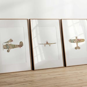 Ensemble d'affiches avions biplan vintage | Carte du monde ancienne | Décor rétro pour chambre d'enfant et bébé | Thème aviation et aventure