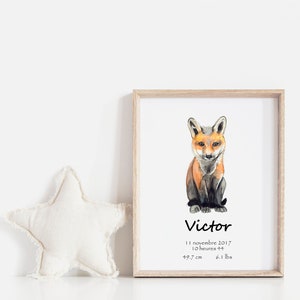 Birth gift print / Baby nursery decor / Cynthia Paquette / fox print / forest nursery / fox watercolor / fox decor image 1