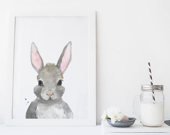 Rabbit / flowers / animal / watercolor / handmade / made in Quebec / art / minimalist style / Cynthia Paquette