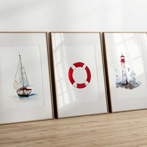 Nautical Wall Art Set for Children and Babies / Watercolor Reproductions / Sailboat and Lighthouse / Sea Wall Decor for Baby Rooms