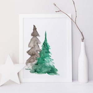 May include: A framed watercolour painting of two stylised trees. The tree on the left is brown and the tree on the right is green. The trees are painted in a minimalist style.