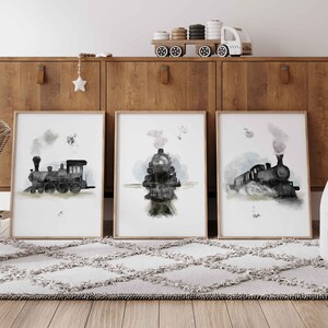 Set of 3 vintage train nursery print / Train nursery decor / Vintage train wall art / Travel boy nursery wall art / Steam train picture Black