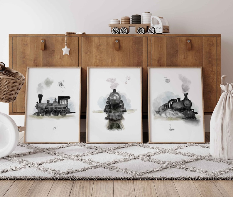 Set of 3 vintage train nursery print / Train nursery decor / Vintage train wall art / Travel boy nursery wall art / Steam train picture Black