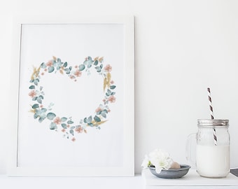 Floral heart shape print - Eucalyptus, pampas and forget-me-nots / Boho / Watercolor / Reproduction / minimalist style / Customizable