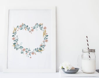 Floral heart shape print - Eucalyptus, pampas and forget-me-nots / Boho / Watercolor / Reproduction / minimalist style / Customizable