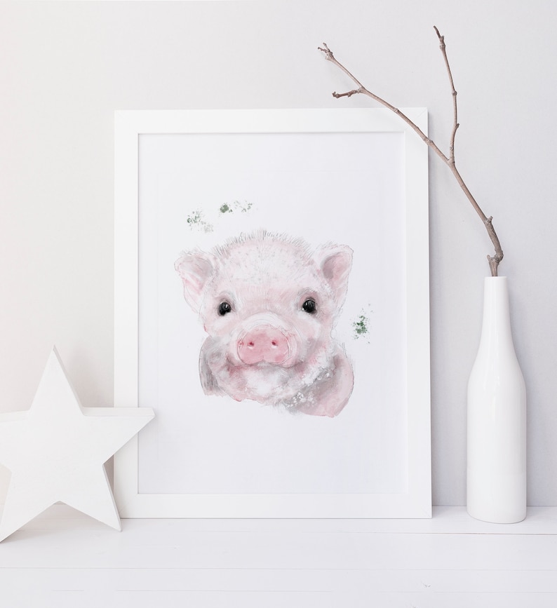 Pink pig print / little animals / farm animal / Decorative poster for children's room / babynursery / playroom image 1