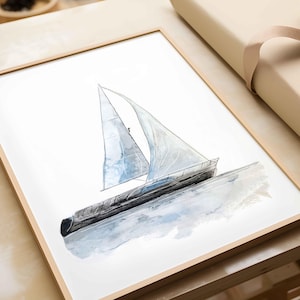 May include: A watercolor painting of a sailboat with white sails and a dark blue hull, sailing on a light blue and gray watercolor sea.