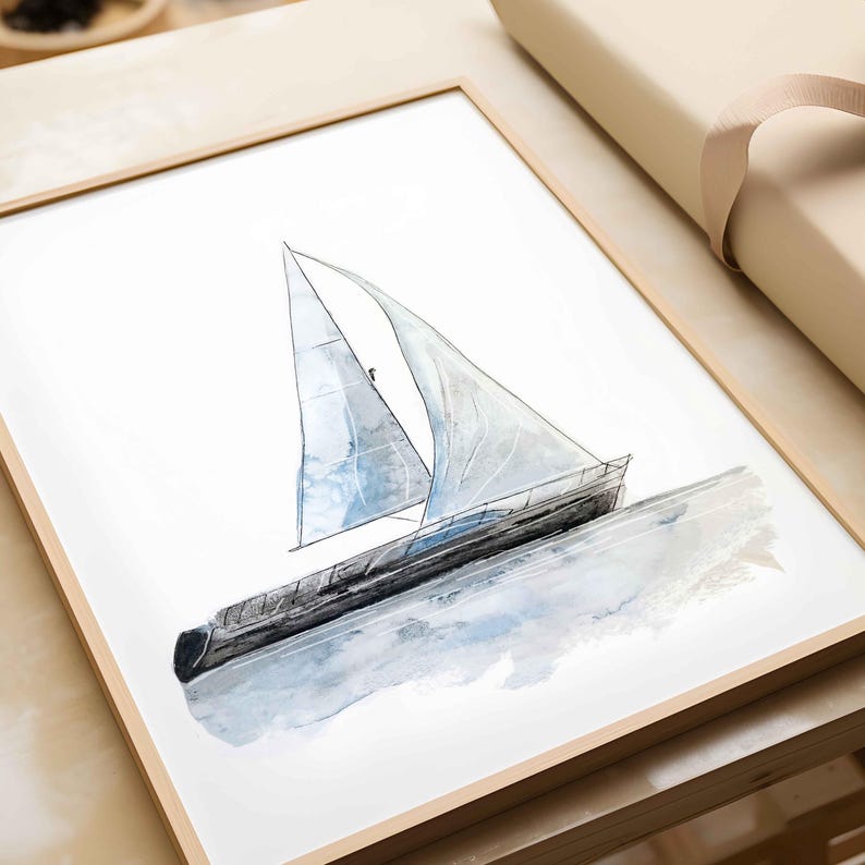 May include: A watercolor painting of a sailboat with white sails and a dark blue hull, sailing on a light blue and gray watercolor sea.