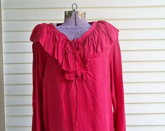 Jaren 1980 Dark Crimson Zijde Romantische Ruches Kraag Hals blouse met lange mouwen Vintage Retro