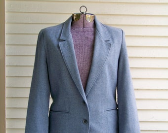 1990s Light Grey-Blue Tweed Wool Blend Jacket Vintage Blazer Tailored Retro