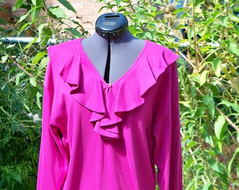 1980s Magenta Romantic Ruffle Collar Neckline Blouse With Long Sleeves Vintage Retro