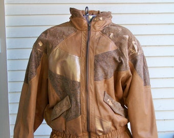 1980s Yellow Tan & Gold Leather Disco Jacket with Zipper Vintage Coat Retro Unique