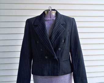 1990s Black Pinstripe Double Breasted Wool Blend Short Jacket Vintage Blazer Tailored Retro