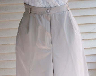 1980s Beige Polyester Sateen Pleated Front High-Waisted Shorts Vintage Grunge Retro