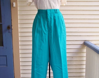 1980s Jade Green Polyester Twill Pleated Front High Waist Trousers Vintage Retro