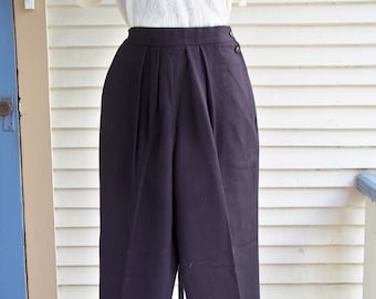 1980s Black Light Weight Wool Pleated Front High Waist Pants Retro Vintage