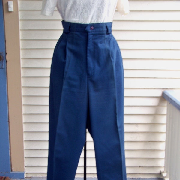 1980s Dark Blue Pleated Front High-Waisted Pants Vintage Grunge Retro